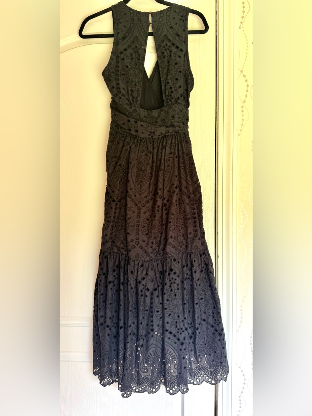 Anthropologie Maeve Black Eyelet Wrap Front Midi Dress Open Back sleeveless - Picture 3 of 5